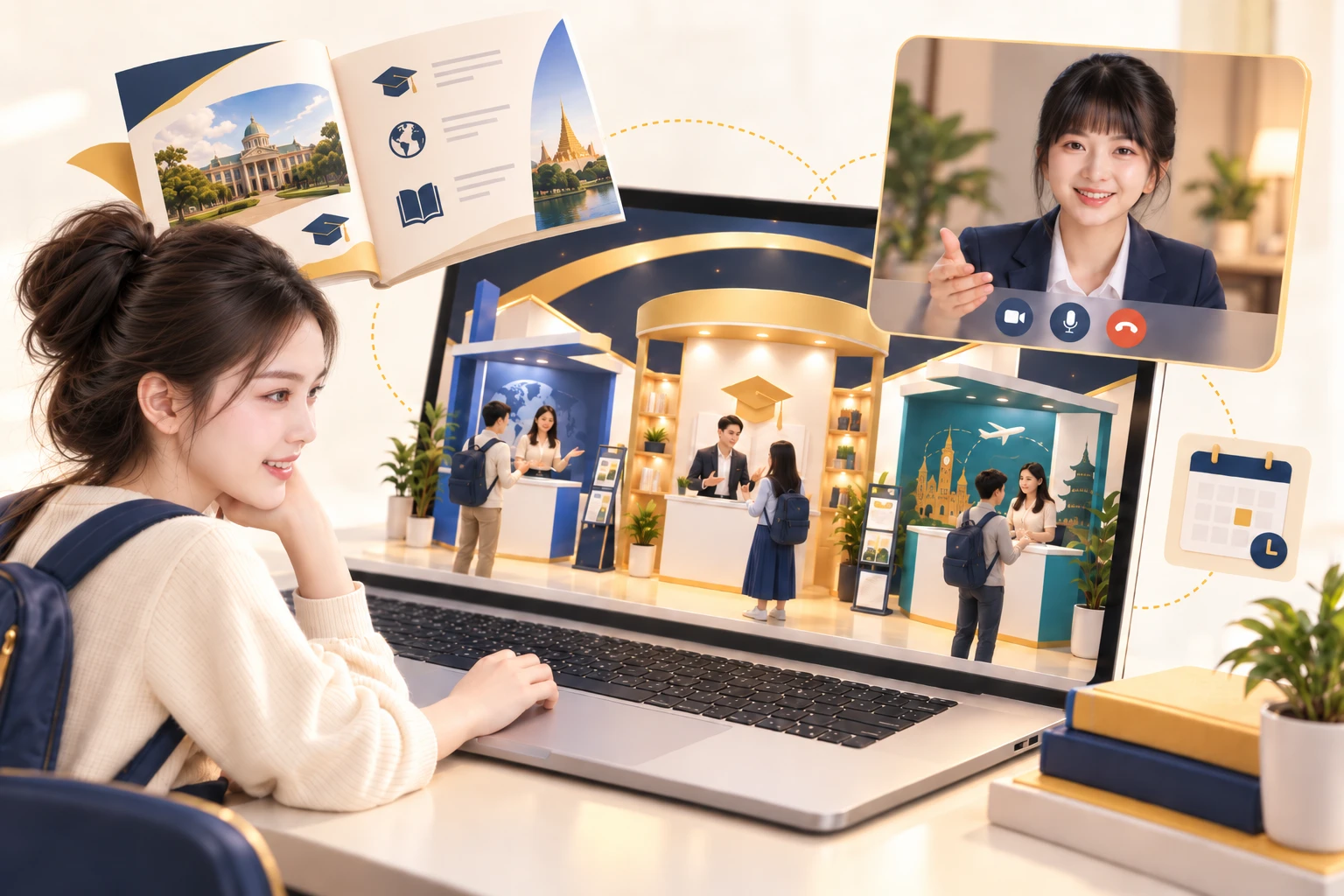 Illustration of a student exploring virtual education booths, digital brochures and an online consultation from her laptop